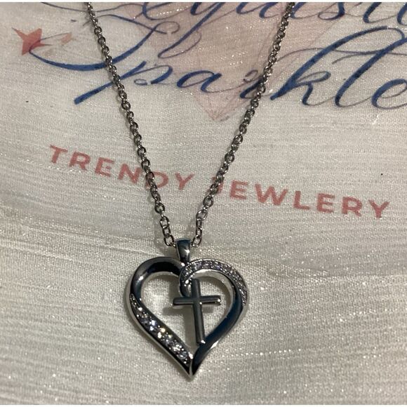 Sentimental Silver Cz Diamond Pave Sparkling Heart Cross Necklace - Picture 15 of 16